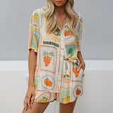 Women's Lounge Set Tropical Print Lapel Neck Short Sleeve Button Down Shirt Elastic Waist Shorts Summer Outfit-Outfit