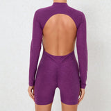 Woherb Collar Zipper Open Back Long Sleeve Onesie Dance Fitness Sports Onesie Sexy Tight Yoga Dress Woman-Outfit