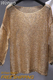 Shiny Lurex Sequin Sweater Women Long Sleeve Pullover Round Neck Golden Basic Shirt Sequin Knit Tops Jumper QH2174-Outfit