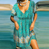 Bohemian Women Mini Dress Casual A-line Short Dress2022 Summer Floral Printed Half Sleeve Lace Up O Neck Party