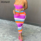 Piece Striped Dress Suits Spaghetti Strap Crop Top & Bodycon Midi Skirt Set-Outfit