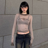 Autumn Round Collar Full Sleeves Graphic Slimfit Pullover Shirt Sexy Mesh Sheering Girls Streetwear Skinny Blouse Top-Outfit