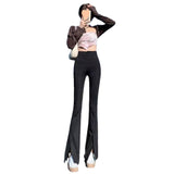 Woherb Micro Bell Pants Slit Slim Slim Small Floor Pants High Waist Autumn Female Slit Suit Long Pants-Outfit