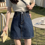 Korean Style Denim Mini Skirts for Women Summer 2024 Dark Blue Short A Line Skirt Woman Jeans High Waist Skirts Female-Outfit