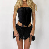 2 Piece Set Women Lace Frill Backless Tie Up Bandeau Strapless Tube Crop Tops + Layers Pleated Mini Skirt Fairy Outfits-Outfit