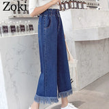 Spring Plus Size Women Jeans Tassel High Waist Elastic Ankle-Length Denim Pants Fashion Loose Wide leg Female Jeans