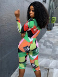 Fashion Blocked Print Zipper Long Sleeve
