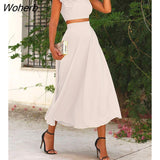 Women 2 Piece Ruffles Backless Crop Top & Maxi Skirt Set 2022 Elegant Femme Skinny Top & Ruched Bottom Suit traf Clothing-Outfit
