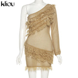 Kliou Bohemian Style Dress Women Autumn Plaid Tassel Skirt Sexy See Through Inclined Shoulder Robe Party Knitted