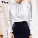 Satin Blouses Women Elegant Long Sleeve Silk Tops Pearl Stand Collar 2022Office Lady Shirts Solid Casual Party