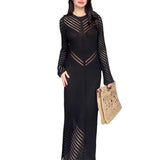 Woherb Women's Fall Round Collar Knit Hollow-Out Dress High Waist Tight Wrap Hip Dress-Outfit