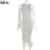 Kliou Knitted Dress Women Sexy See Through X-Long Hoody Tops+One Shoulder Drawstring Ruched Robe Skirt Hipster Future