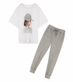 Casual Lady Print T Shirt And Solid Color Pants Women Sets Korean Female