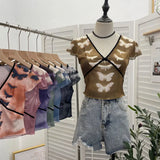 Sexy Hottie V-Neck Butterfly Print Short-Sleeved T-Shirt Slime Short-Navel Net T-Shirt Girl