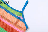 Kliou Mesh Striped Panelled Mini Dress Women Fashion Spaghetti Strap Multi-Color Body-Shaping Skirt Streetwear Female