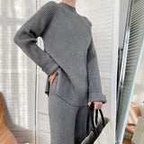 Woherb Color Sweater Open Fork Wide Leg Pants Two Sets Of Fashion Lazy Wind Knit Sweater Woman-Outfit