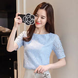 2021 Summer Solid Lace Fashion Women Blouses Shirts Chiffon Elegant White Light Blue Short Sleeve Female Tops Blusas 0361