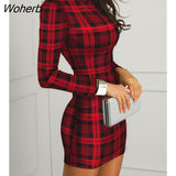 Women Retro Red Plaid Fashion Long Sleeve Xmas Print Bodycon Evening Party Dresses For Ladies-Outfit