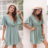 hirigin Women Vintage Ruffles Sleeve Dresses Summer Polka Dot Printed V-Neck Sexy Mini Dress Ladies Casual Beach Party