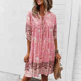 Bohemian Women Mini Dress Casual A-line Short Dress2022 Summer Floral Printed Half Sleeve Lace Up O Neck Party