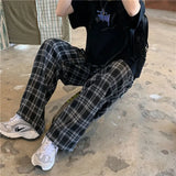 Women Casual Pants Plaid Loose Aesthetic Wide Leg Trousers Female Ins Fashion All-match Korean Style Elastic Waist Streetwear-Outfit