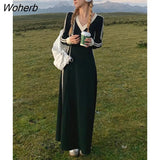 Ankle-length Dress Women Autumn 2022 New Black Vintage Ins Simple Y2k Temperament V-neck Korean Preppy Style Young Girls-Outfit