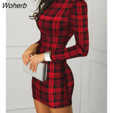 Women Retro Red Plaid Fashion Long Sleeve Xmas Print Bodycon Evening Party Dresses For Ladies-Outfit