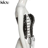 Kliou Hollow Out Bandage Faux Leather PU Tank Top Women 2021 Solid Streetwear Backless Sleeveless Sexy Party Clubwear