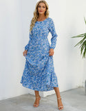Autumn New Bohemian Floral Print Long Sleeve Waist Dress Women O Neck Loose Casual Beach Vestidos Holiday Robe Dresses-Outfit