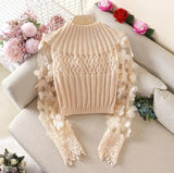Flower Puff Sleeve Women Sweater Slim Short Style Patchwork Round Neck Knitting Female