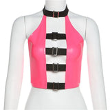 hirigin PU Leather Buckle Sexy Crop Top Women Club Wear Rave Outfit Festival Clothing Backless Halter Tank Tops Spring