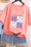 Plus Size T Shirt 100% Cotton L-5XL Tshirt Short Sleeve Women Top 2023 Summer Cartoon T Shirt V Neck Oversized T Shirts-Outfit