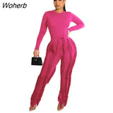 Elegant Women's Set Long Sleeve T-shirt and Tassel Pants Suit Autumn Winter Active Tracksuit Two 2 Piece Set Outfits-Outfit