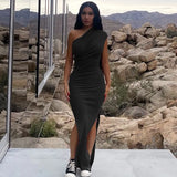 Kliou Solid Elegant Maxi Dress Women Inclined Shoulder Sleeveless Body-Shaping Side Split Robe Partywear Female