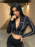 kliou women 2 pieces set fitness tracksuit long sleeve zipper crop top+leggings fashion reflective letters sportswear