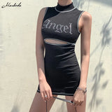Summer Sexy Hollow Out Bodycon Dress Women Black Sleeveless Turtleneck Mini Dress Lady Casual Street Slim Clothing