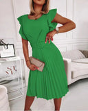 Summer Women's New Round Collar Waist Pleated Flounce Dress With A Belt-Outfit