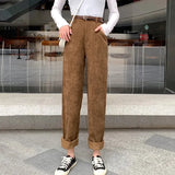 High Waist Corduroy Pants Fashion Belt Autumn Wide Leg Full Pants Spring Korean Pure Cotton Black Streetwear Ladies