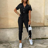 Rompers Fashion Jumpsuits Women Turn Down Collar Short Sleeve Print Jumpsuit For Women Elegant Work