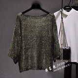 Shiny Lurex Sequin Sweater Women Long Sleeve Pullover Round Neck Golden Basic Shirt Sequin Knit Tops Jumper QH2174-Outfit