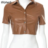 Puss Sexy Faux Leather Short Crop Top Women Single-Breasted 2021 Fashion Mini T-Shirt Streetwear Party Vacation Outfits-Outfit