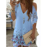 Off Shoulder Dress Summer Sexy V Neck Floral Print Midi Dresses Robe Vintage Hollow Out Lace A-Line Party Dress