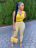 Kliou Casual Two Piece Set Women Sporty Sleeveless Crop Top+Skinny Print Leggings Matching Outfit Female Concise Cool