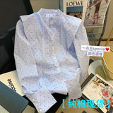 Casual Style Stand Collar Long Sleeve Polka Dot Blouses Top 2023 Summer Women High Street Single Breasted Loose Shirts-Outfit