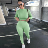 2020 Long Sleeve Sexy Crop Tops Leggings 2 Pieces Set Summer Women Streetwear Outfits Pure Tracksuit Joggings