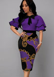 Printed Vintage Bow Short Sleeves Cascading Ruffle Pencil Midi