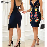 Women Floral Print Bodycon Party Dress 2022 New Femme V Neck Zip Backless Slit Mini Skinny Robe Elegant Lady Outfits traf-Outfit