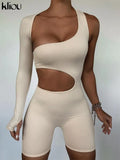 Kliou Asymmetrical Solid Women Rompers Basic Long Sleeve Casual Sportswear Streetwear Female Elastic High Waist