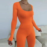 Kliou Solid Concise Two Piece Set Women Skinny Bodycon-shaping Crew Neck Bodysuit+High Waist Slim Sporty Leggings