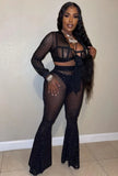 Sexy Black Mesh See Through Bow Tied Long Sleeve Crop Top and High Wasit Beaded Flare Pants Nightclub 2 Piece